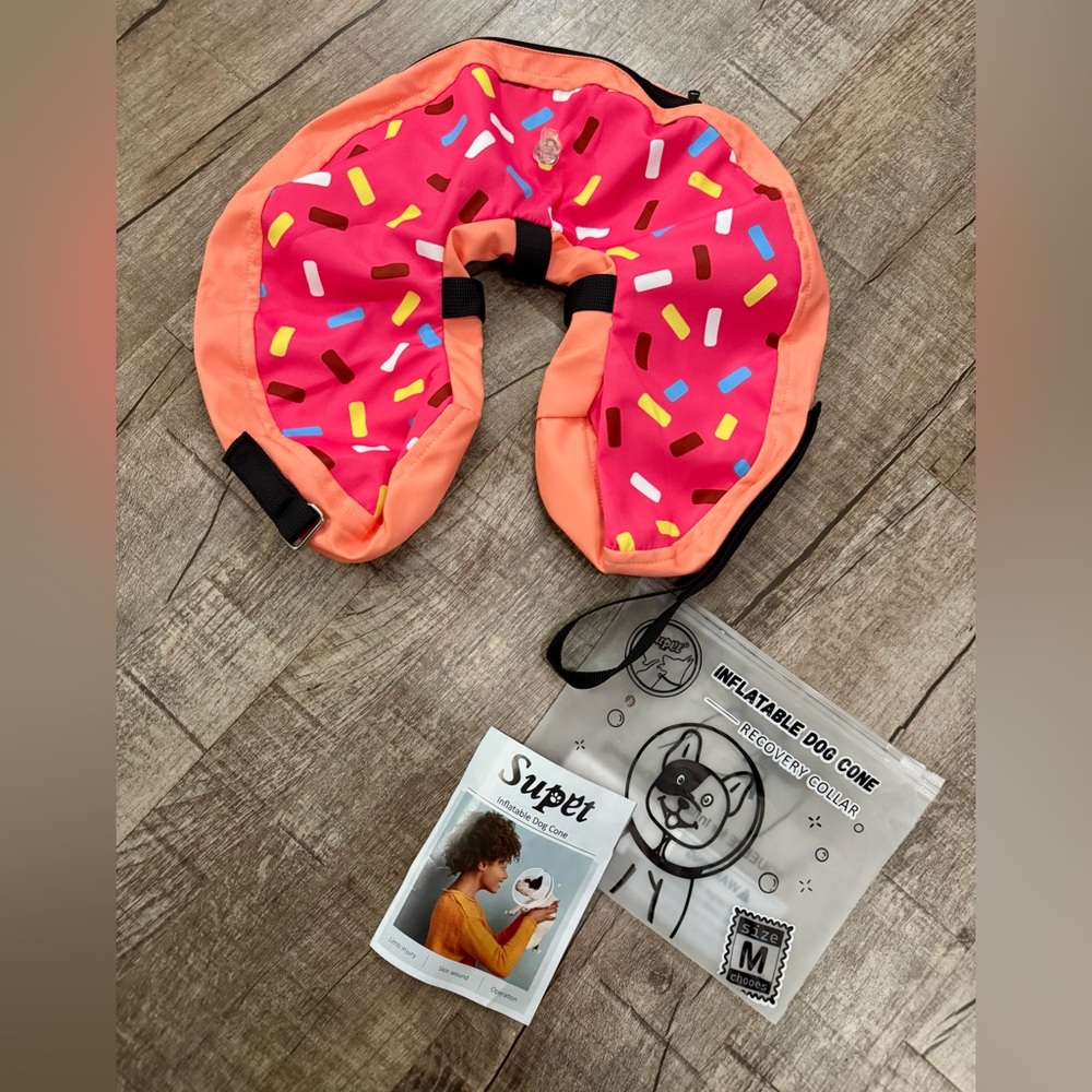 Dog Donut Recovery Collar Inflatable Cone Medium Pink Sprinkle Pet Surgery Colla - Picture 2 of 9